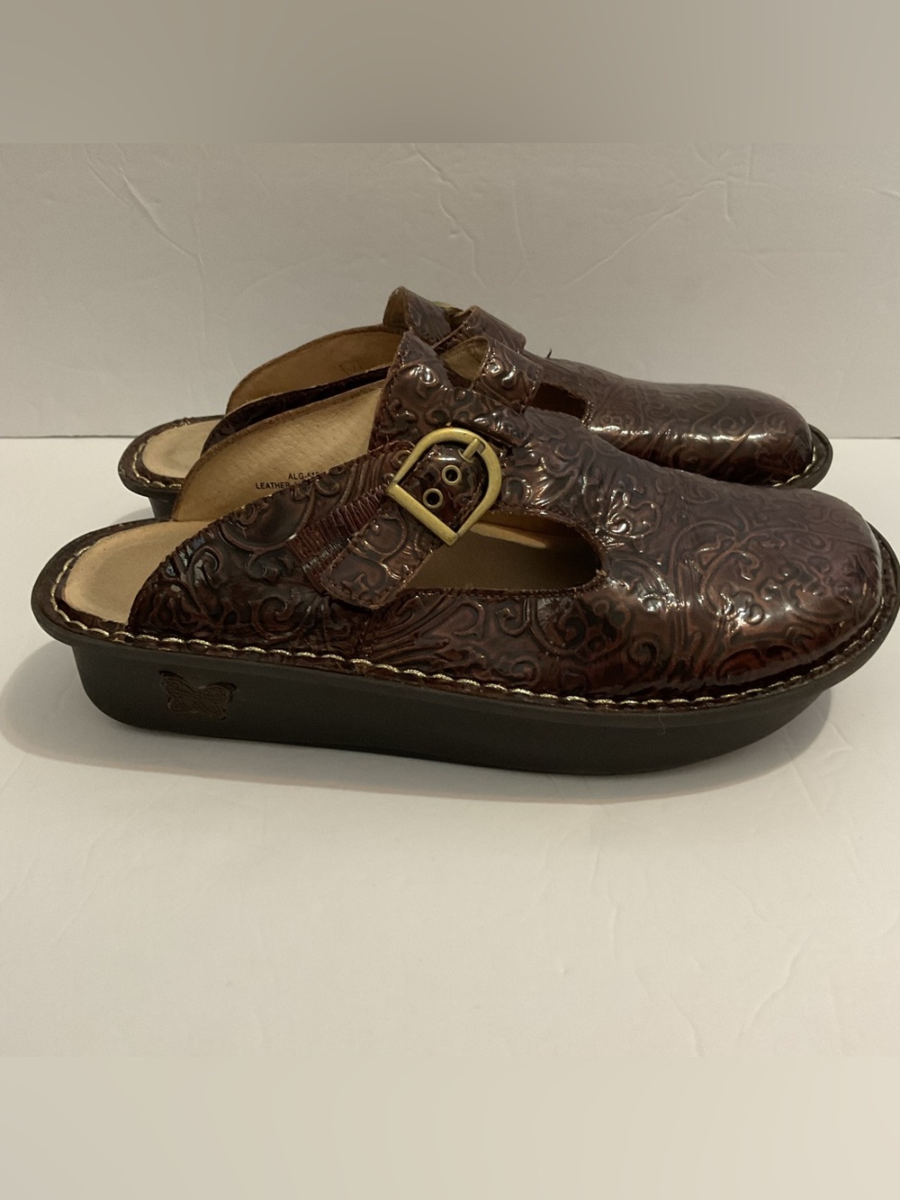 Algeria Brown Embossed Leather PG lite T-Strap w/ Buckle Comfort Comfy Slip on 9